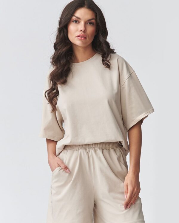 Oversized Short-Sleeve Blouse & Shorts Set Beige