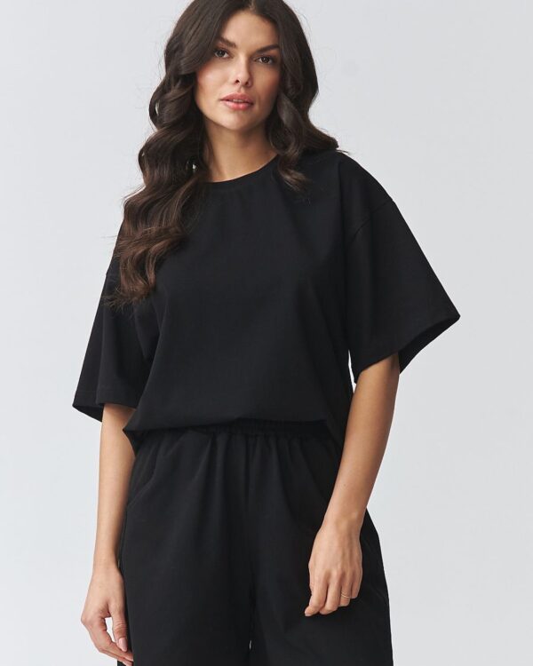 Oversized Short-Sleeve Blouse & Shorts Set Black
