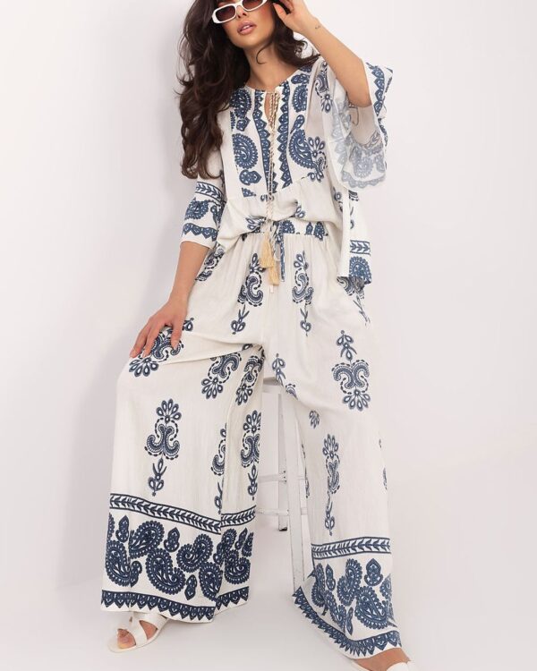 Boho Printed Tie-Neck Blouse Beige